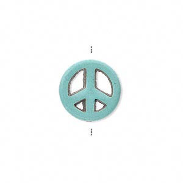 Bead, magnesite (dyed / stabilized), turquoise blue, 15mm peace sign, B grade, Mohs hardness 3-1/2 to 4. Sold per pkg of 12. image number 0
