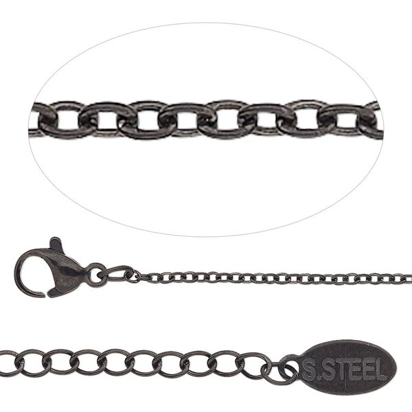 Chain, black-finished stainless steel, 1.5mm cable, 16 inches with 2-inch extender chain and lobster claw clasp. Sold individually. image number 0