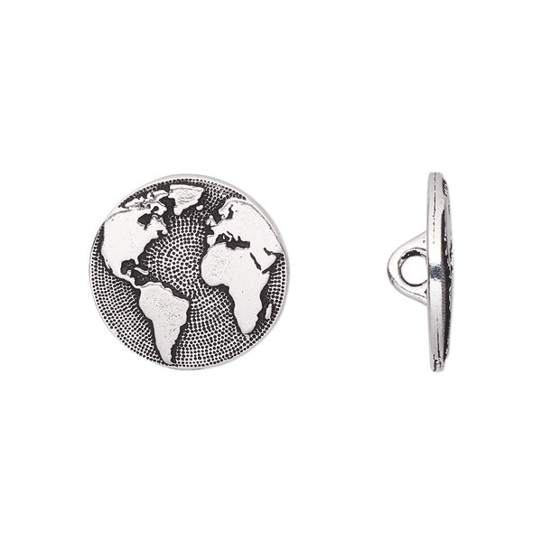 Button, TierraCast®, antique silver-plated pewter (tin-based alloy), 16mm flat round with Earth and loop. Sold per pkg of 20. image number 0
