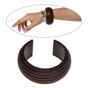 Bracelet, cuff, wood (dyed / waxed), dark brown, 35mm wide hand-carved ribbed band, 7-1/2 inches. Sold individually.