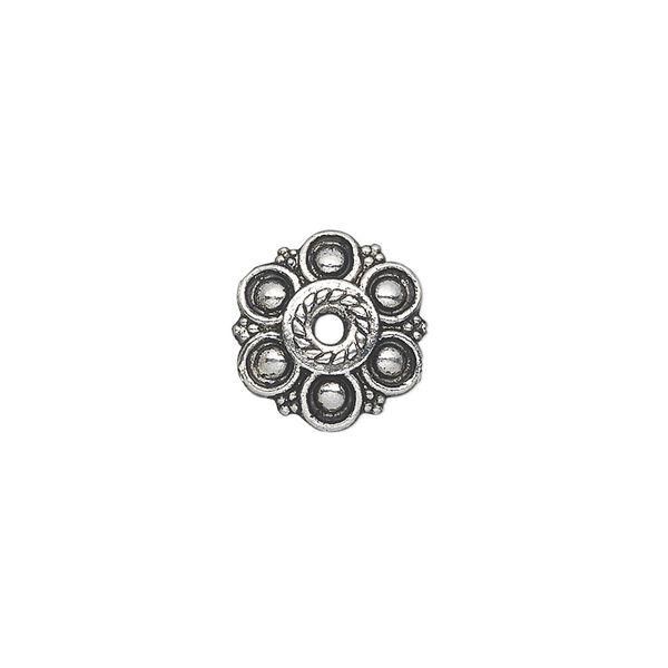 Bead cap, antique silver-plated "pewter" (zinc-based alloy), 13x3mm flower, fits 18-20mm bead. Sold per pkg of 20. image number 0