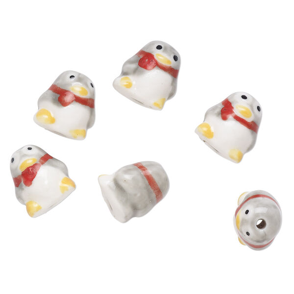 Bead, porcelain, multicolored, 17x15mm hand-painted penguin. Sold per pkg of 6. image number 0