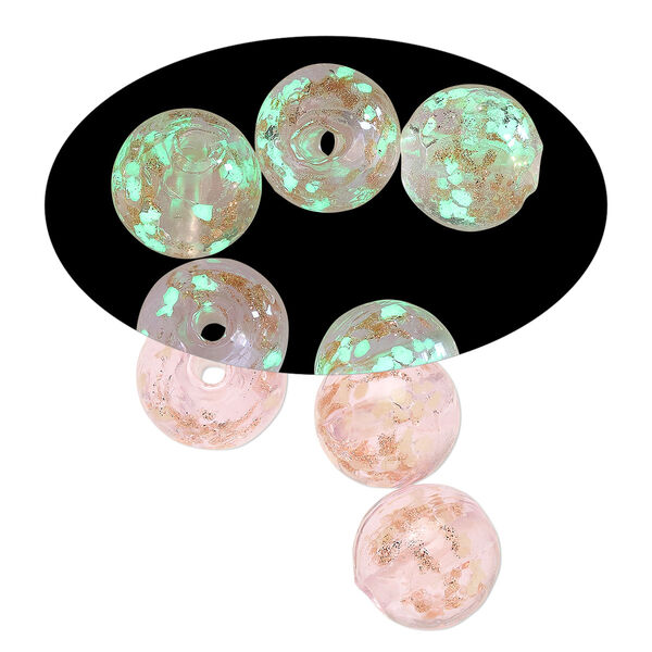 Bead, lampworked glass, clear / pink / glow-in-the-dark / gold, 10mm round. Sold per pkg of 6. image number 0