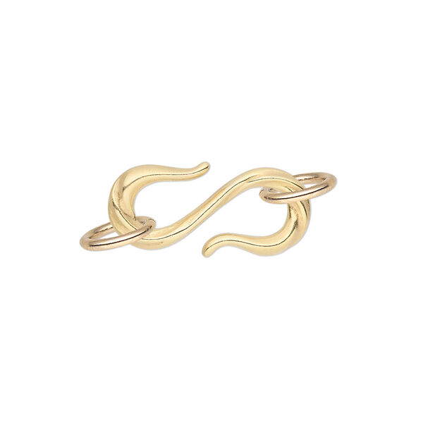 Clasp, JBB Findings, S-hook, gold-plated pewter (tin-based alloy), 22x10mm single-sided with line design and (2) 6-8mm jump rings. Sold individually. image number 0