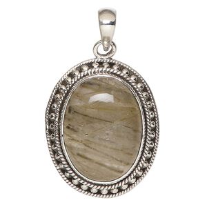 Pendant, golden rutilated quartz (natural) and sterling silver, 33x26mm beaded oval. Sold individually.