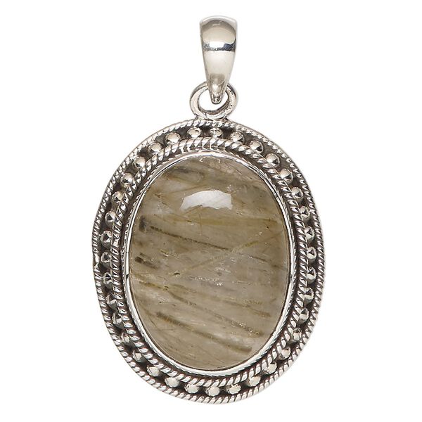 Pendant, golden rutilated quartz (natural) and sterling silver, 33x26mm beaded oval. Sold individually. image number 0
