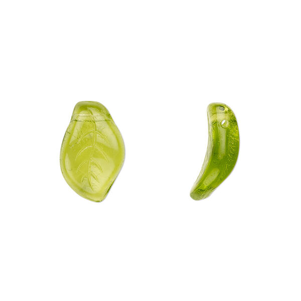 Bead, Czech pressed glass, olivine, 14x9mm top-drilled leaf. Sold per 15-1/2" to 16" strand, approximately 60 beads. image number 0