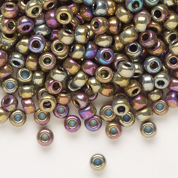 Seed bead, Miyuki, glass, pkg/250g, #6 rocaille, opaque nickel-plated golden olive iris (RR-188). image number 0