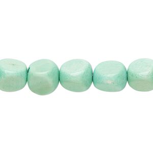 Bead, wood (dyed / waxed), turquoise green, 10mm rounded triangle. Sold per 15-1/2" to 16" strand.