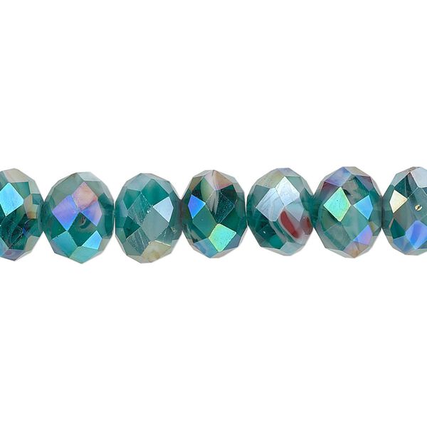 Bead, millefiori glass, opaque marbled teal AB, 9x6mm faceted rondelle. Sold per 8-inch strand, approximately 30 beads. image number 0