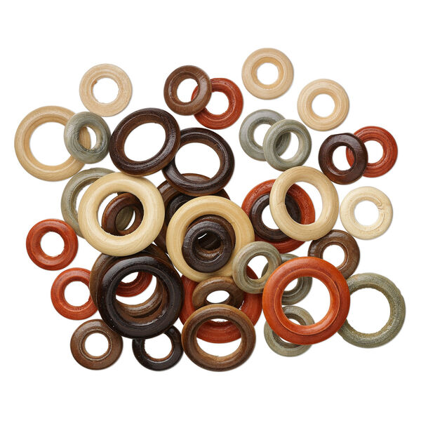 Component mix, wood (dyed), mixed colors, 21-33mm ring. Sold per pkg of 50. image number 1