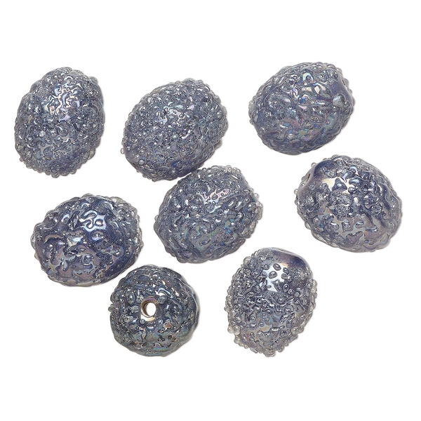 Bead, lampworked glass, translucent blue AB, 15x12mm textured oval. Sold per pkg of 8. image number 0