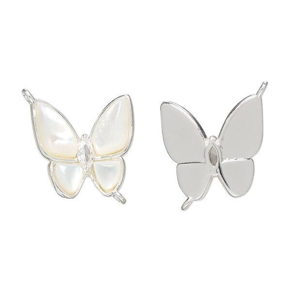 Link 1pkg1 brass / mother-of-pearl shell / glass rhinestone, 16mm butterfly, bleached silver finish / white / clear image number 0