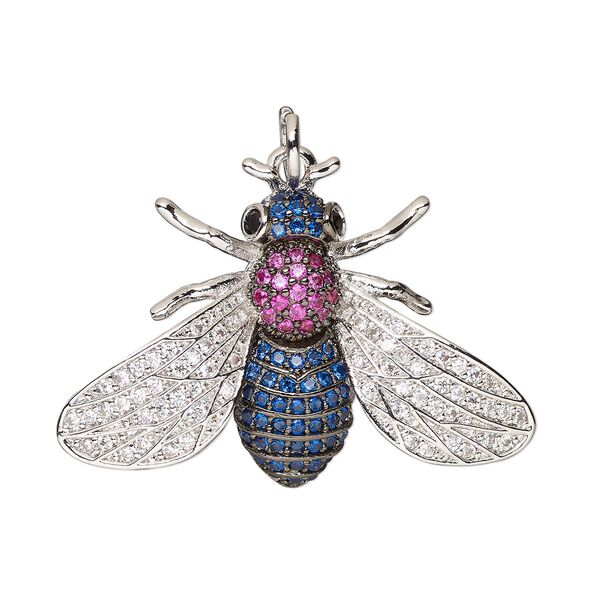 Focal, cubic zirconia and silver-finished brass, multicolored, 30x21mm single-sided bug with (1) 5mm open jump ring. Sold individually. image number 0