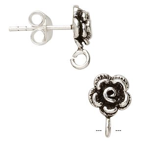 Earstud 1pkg2 sterling silver, 7mm flower / open loop, antiqued 1 pair
