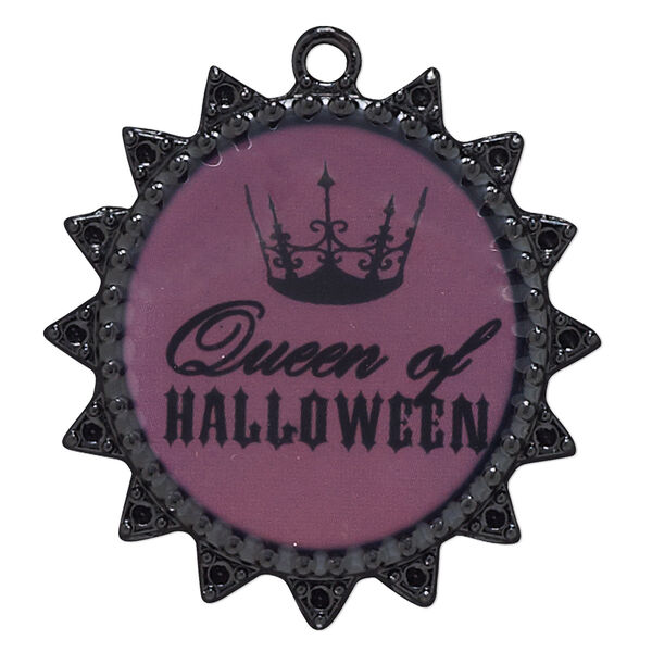 Focal, enamel and black-finished "pewter" (zinc-based alloy), 38mm fancy flat round with crown design and "Queen of Halloween." Sold individually. image number 0