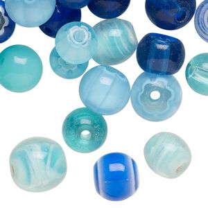 Bead mix, lampworked glass, opaque and translucent multi-blue, 8-10mm round. Sold per 4-ounce pkg, approximately 90 beads.
