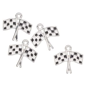 Charm, antique silver-finished enamel "pewter" (zinc-based alloy), black and white, 18x15mm checker flag. Sold per pkg of 4.