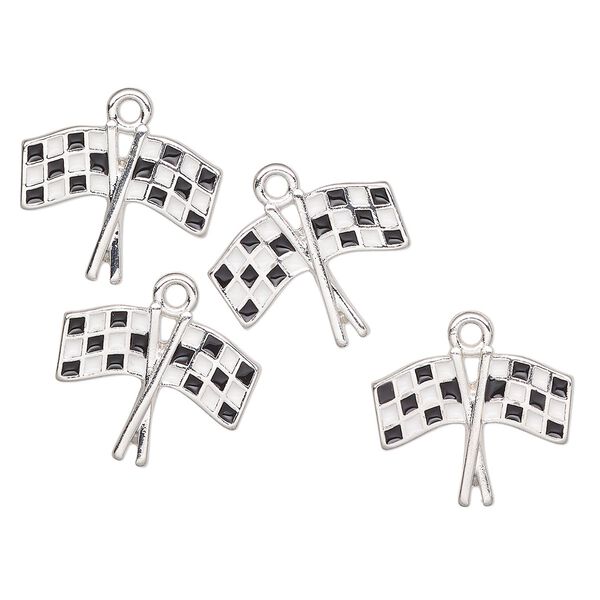 Charm, antique silver-finished enamel "pewter" (zinc-based alloy), black and white, 18x15mm checker flag. Sold per pkg of 4. image number 0