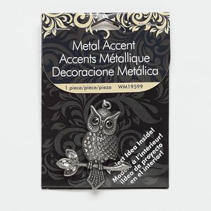 Focal, glass rhinestone and antiqued nickel-finished "pewter" (zinc-based alloy), clear and black, 45x41mm owl on branch. Sold individually.