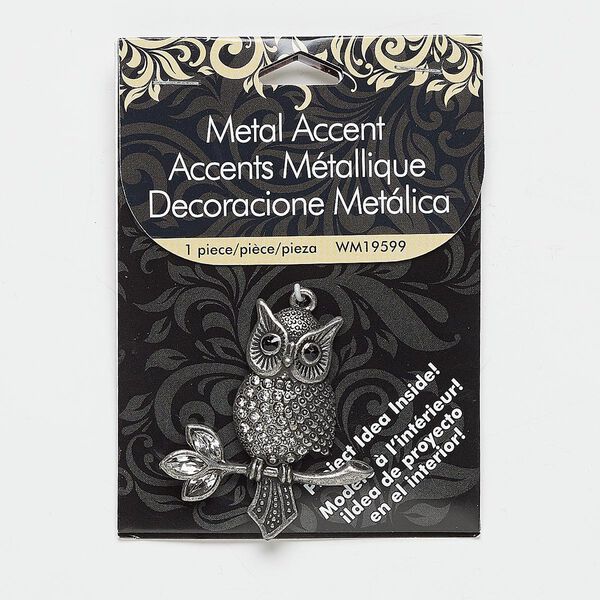 Focal, glass rhinestone and antiqued nickel-finished "pewter" (zinc-based alloy), clear and black, 45x41mm owl on branch. Sold individually. image number 0