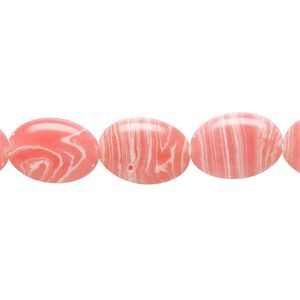 Bead, resin, white and pink, 14x10mm flat oval. Sold per 15" to 16" strand.