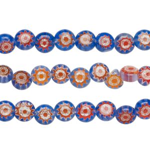Bead mix, millefiori glass, blue, light blue, red and white, 6mm puffed flat round with flower design. Sold per pkg of (3) 14-inch strands.