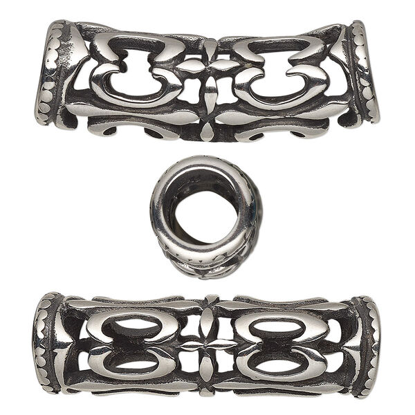 Bead, antiqued stainless steel, 34.5x12mm curved tube with open filigree design. Sold individually. image number 0