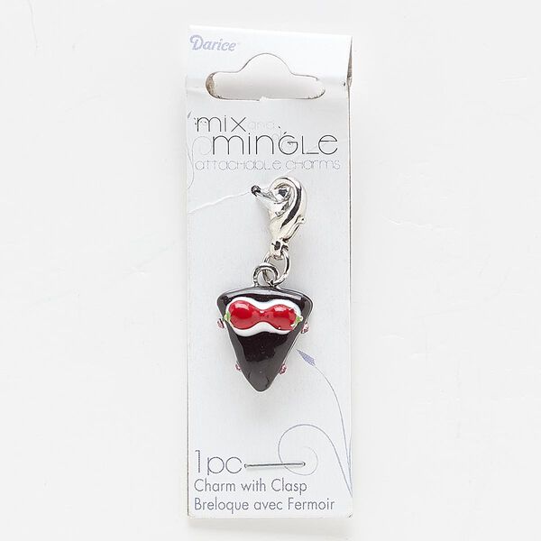 Charm, enamel / glass rhinestone / silver-finished "pewter" (zinc-based alloy), multicolored, 16x15mm cake slice. Sold individually. image number 0