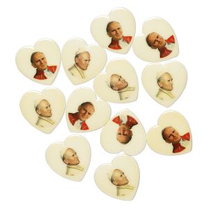 Component assortment, plastic, multicolored, 37mm single-sided heart with images of Pope John Paul II. Sold per pkg of 12.