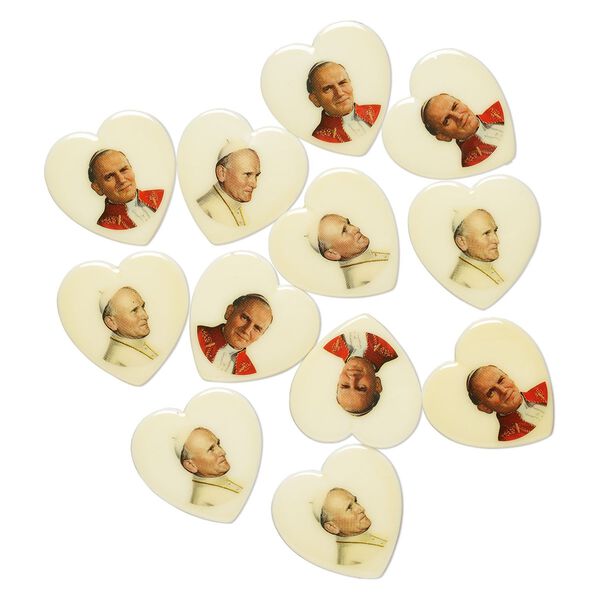 Component assortment, plastic, multicolored, 37mm single-sided heart with images of Pope John Paul II. Sold per pkg of 12. image number 0