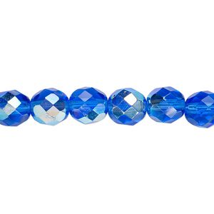 Bead, Czech fire-polished glass, light cobalt AB, 8mm faceted round. Sold per pkg of 600 (1/2 mass).
