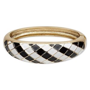 Bracelet, hinged bangle, epoxy and gold-finished "pewter" (zinc-based alloy), black and white, 20mm wide with diagonal diamond design, 6 inches. Sold individually.