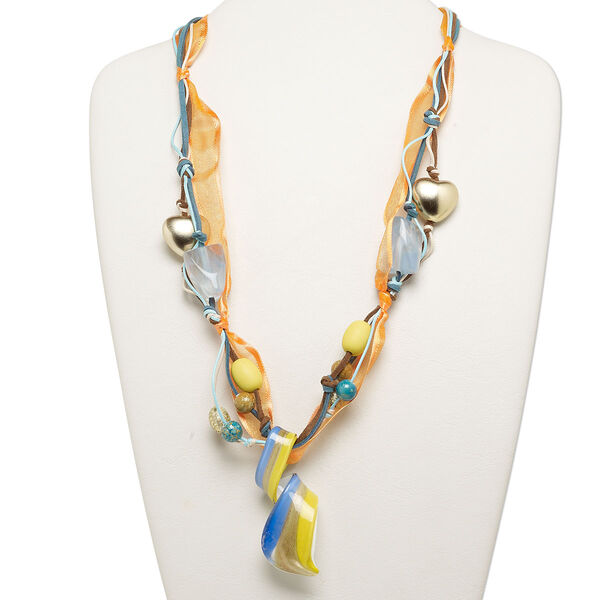 Necklace, glass and acrylic, multicolored, 74x31mm swirled focal with mixed size and shape accent beads, 27-inch cotton waxed cord/velveteen cord/leather ribbon with 2-inch steel extender and lobster claw clasp. Sold individually. image number 0
