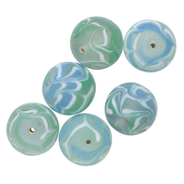 Bead, glass, translucent matte blue / green / multicolored, 20mm round. Sold per pkg of 6. image number 0