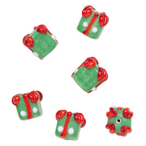 Bead, lampworked glass 1pkg6, opaque green / red / white, 14x14mm present.