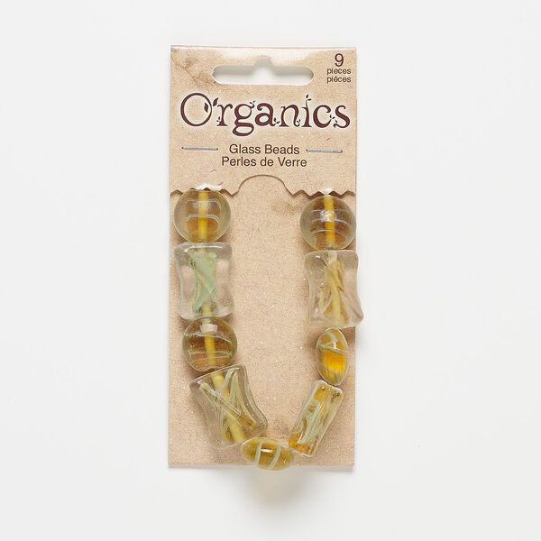 Bead, lampworked glass, clear / honey / light green, 14-15mm puffed flat round and 19x14mm-20x15mm flat hourglass with swirls. Sold per pkg of 9. image number 0