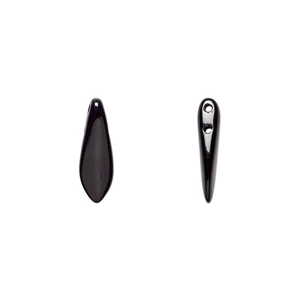 Bead, Czech pressed glass, opaque black, 16x5mm top-drilled dagger with 2 holes. Sold per pkg of 20. image number 0