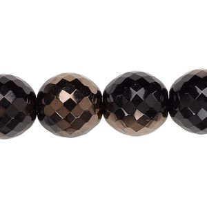 Bead, Czech fire-polished glass, opaque jet and copper, 14mm faceted round. Sold per 15-1/2" to 16" strand.