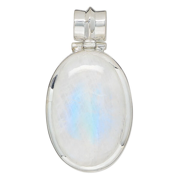 Pendant, rainbow moonstone (natural) and sterling silver, 38x25mm-43x30mm oval. Sold individually. image number 0