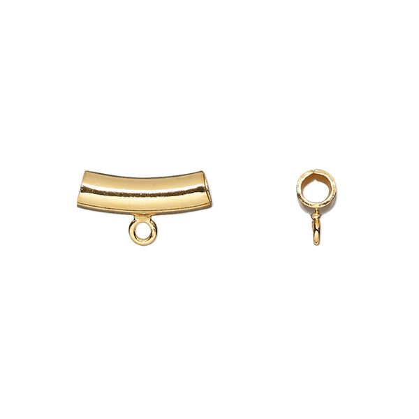 Bead, gold-plated brass, 14x5mm curved tube with loop. Sold per pkg of 10. image number 0
