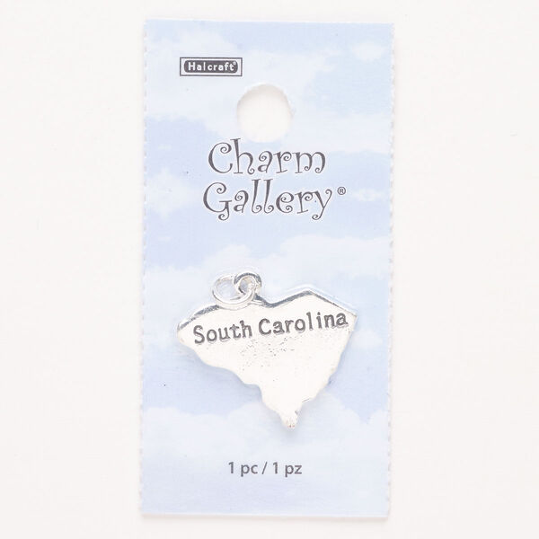 Charm, steel and enamel, pkg/1, silver finish and black, 26x20mm with "South Carolina." image number 0