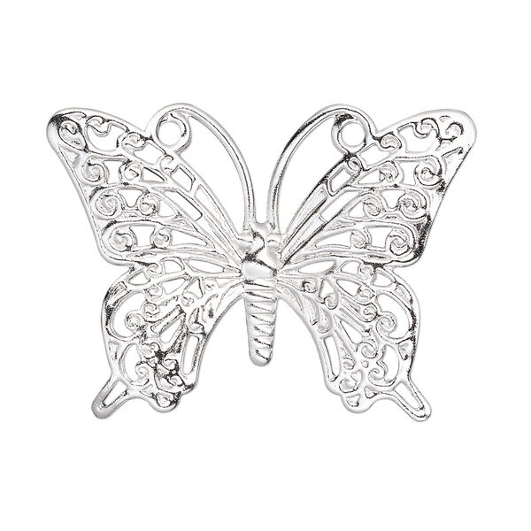 Focal, silver-plated brass, 36x26mm single-sided fancy butterfly. Sold per pkg of 10. image number 0