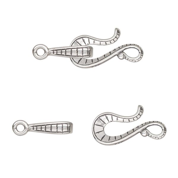 Clasp, JBB Findings, hook-and-eye, antiqued sterling silver, 28x10mm textured. Sold individually. image number 0