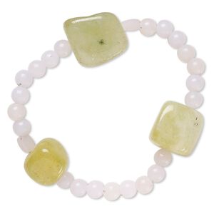Bracelet, stretch, quartz (dyed) and acrylic, grey and green, 5mm round and small to medium tumbled nugget, 6-1/2 inches. Sold individually.