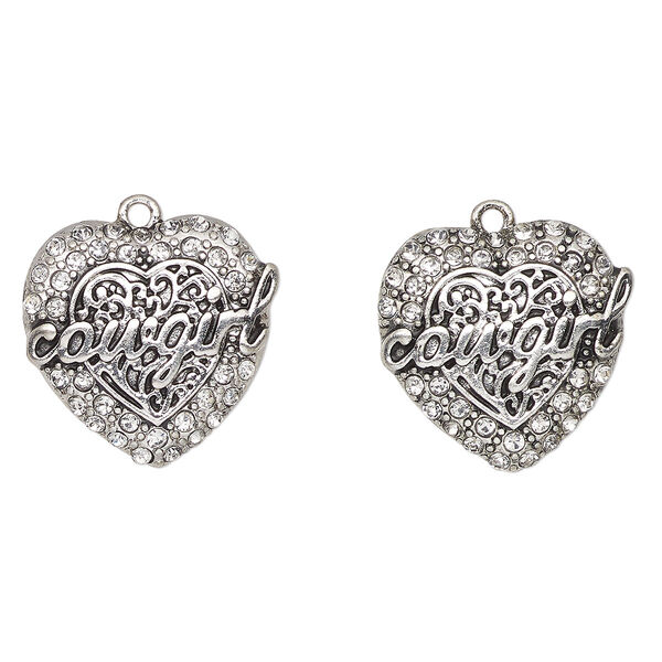 Charm, antique silver-finished "pewter" (zinc-based alloy) and glass, clear, 23mm heart with "Cowgirl". Sold per pkg of 2. image number 0