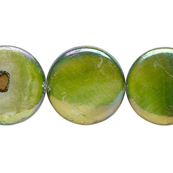 Bead, mother-of-pearl shell (dyed), green apple AB, 20mm puffed flat round with 0.4mm hole, Mohs hardness 3-1/2. Sold per 15-1/2" to 16" strand. image number 0
