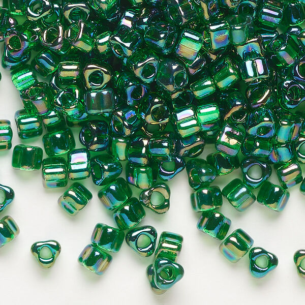 Seed bead, Miyuki, glass, transparent iris green, (TR1154), #5 triangle. Sold per 25-gram pkg. image number 0