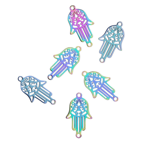 Link, electro-coated stainless steel, rainbow, 16x11mm double-sided Fatima hand. Sold per pkg of 6. image number 0