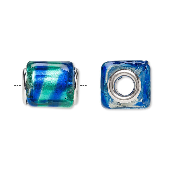 Bead, Dione®, lampworked glass and silver-plated brass grommets, translucent teal green and light blue with silver-colored foil, 14x12mm cube with stripe, 5mm hole. Sold per pkg of 4. image number 0